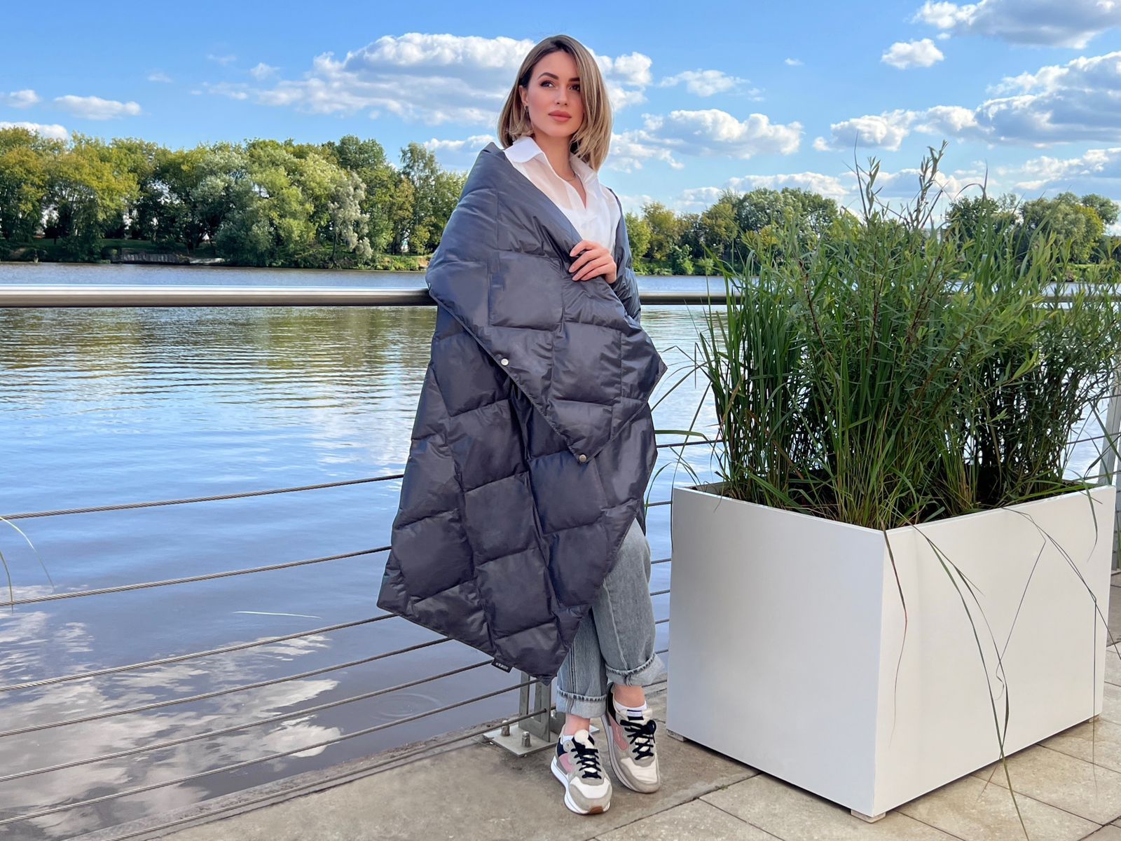 Дорожный плед-пончо пуховый Travel Cape Plaid Grass INDIGO 130x170