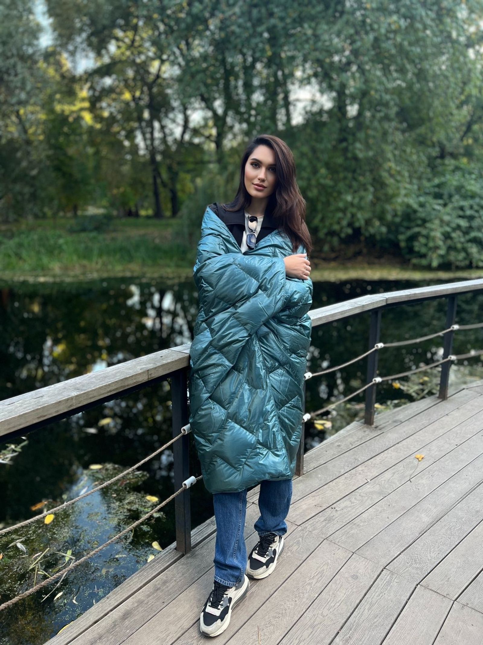Дорожный плед-пончо пуховый Travel Cape Plaid Grass Aqua 130x170 вид 2