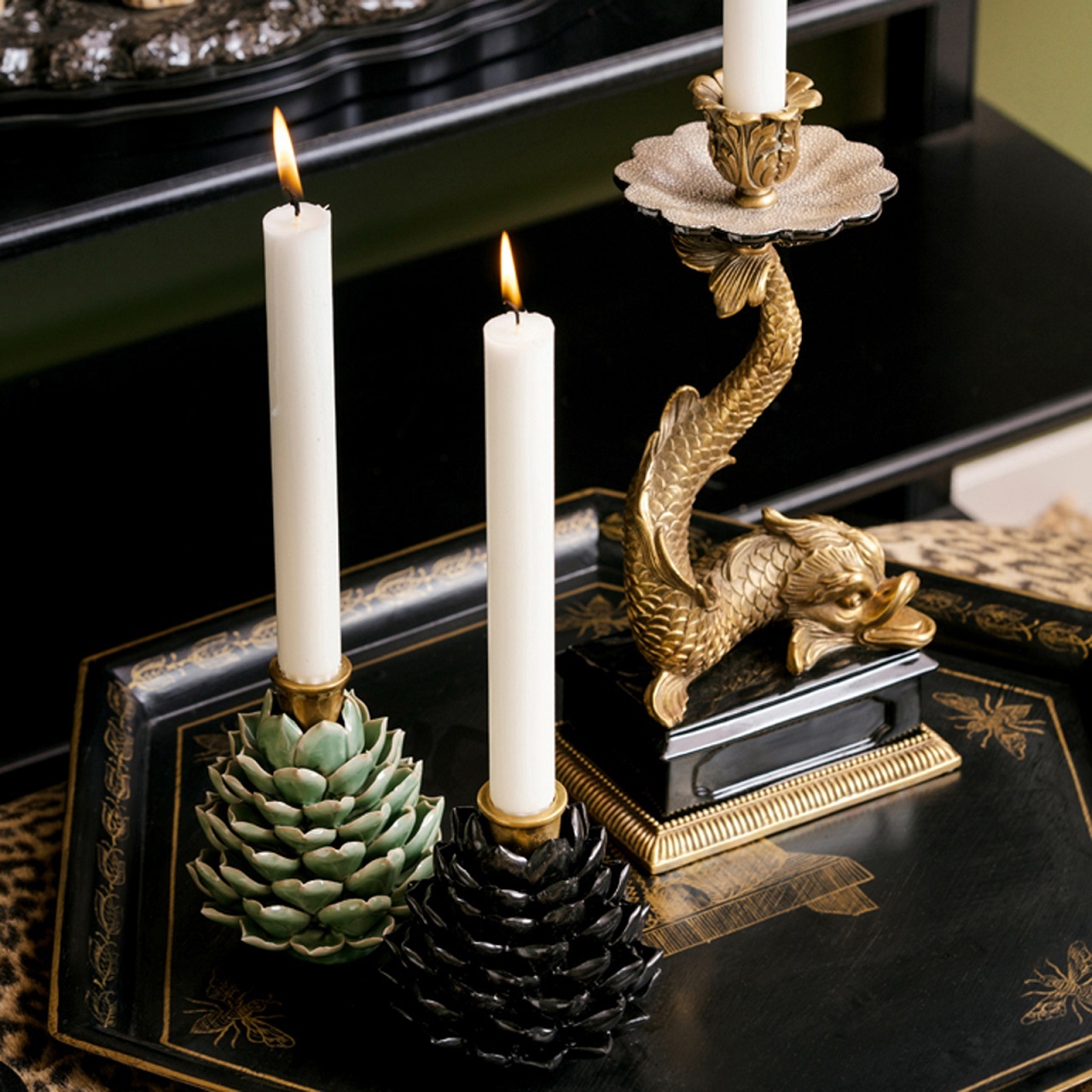 Поднос шестиугольный, черный с золотом 45х51 Н 3 см, металл, ручная работа вид 2