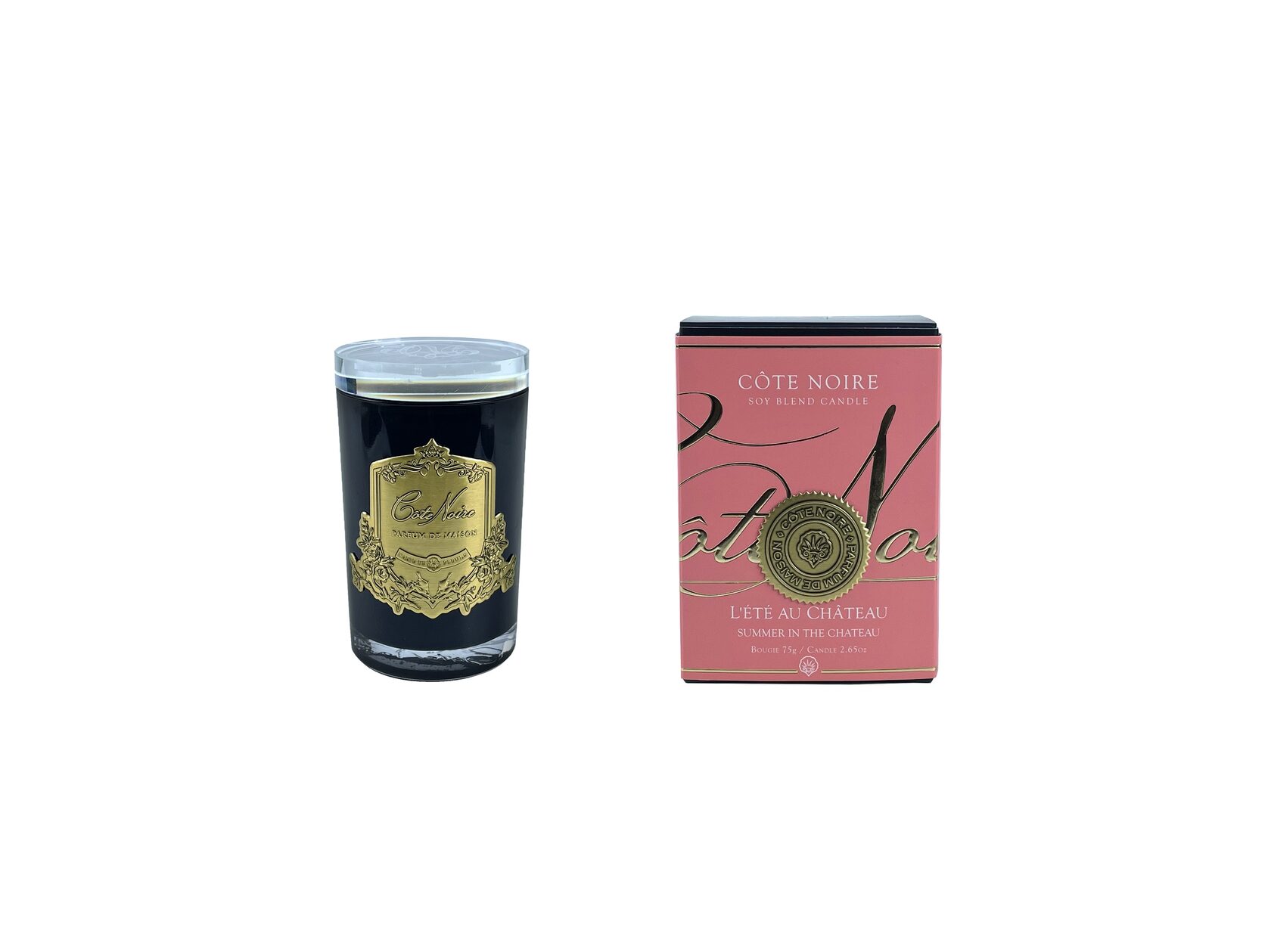 L'ETE AU CHATEAUСвеча 75 гр, черный стаканчик, золотой декор, ВхШхД 11х7,5х7,5см соевый воск, врем