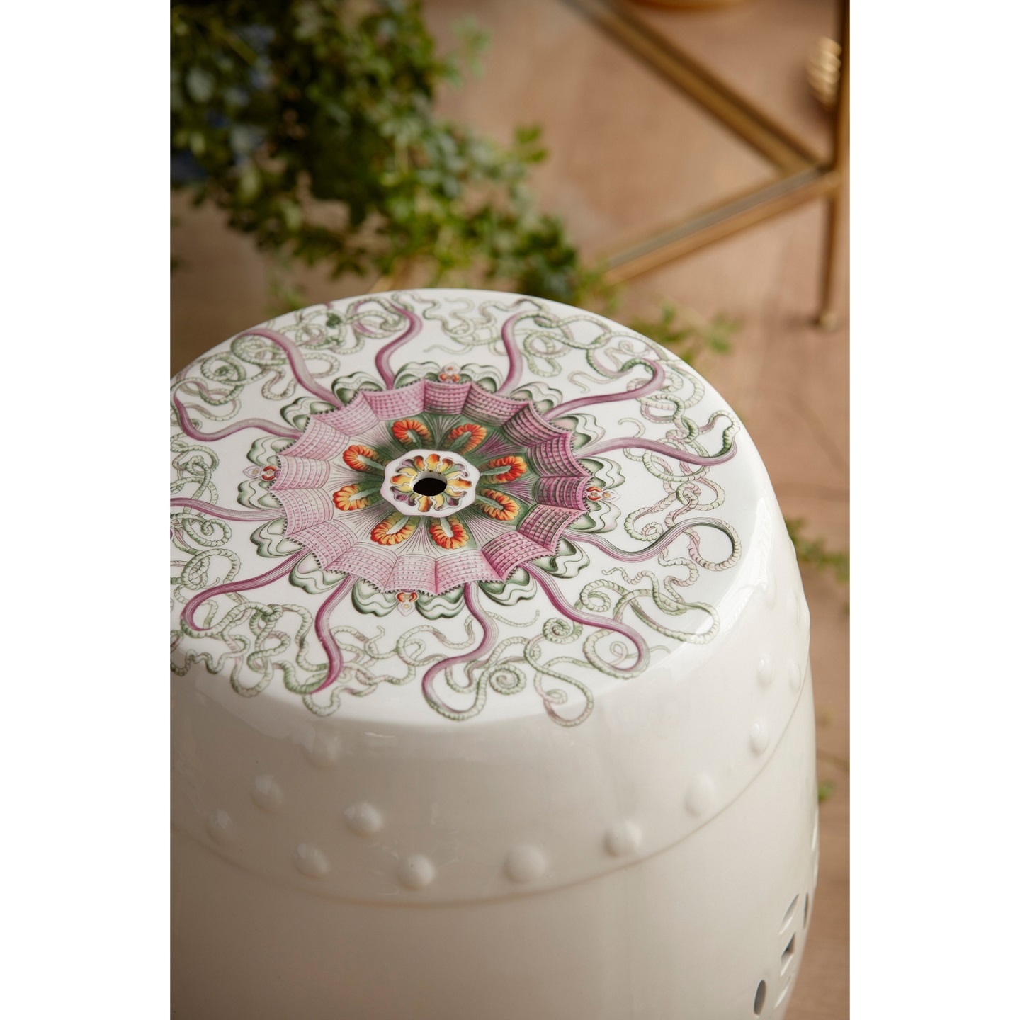 Табурет садовый, белый, рисунок медуза,розовый, 36х36 Н 47 см, фарфор вид 3
