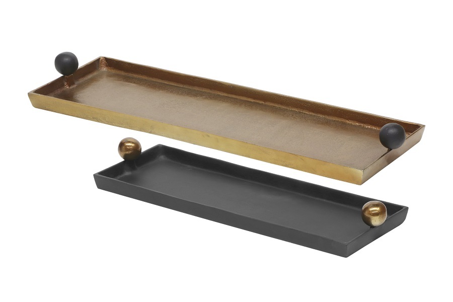 TRAYПоднос прямоугольный , состаренное золото с черными ручками-шарами, 78x24x8h, металл