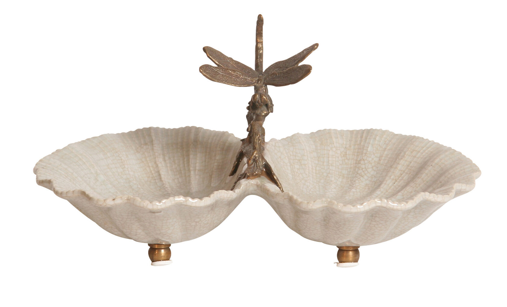 TWO BOWL STANDЧаша двойная в форме раковины со стрекозой, фарфор, бронза H: 14 cm | W: 25 cm | D: