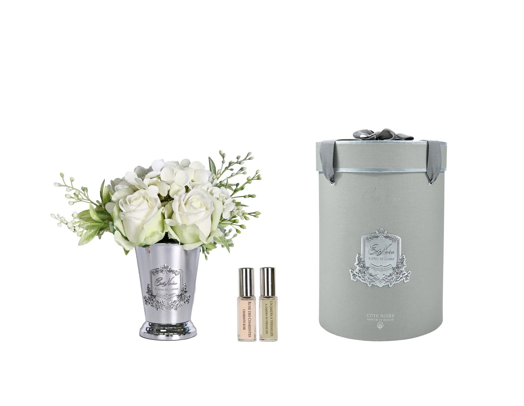 Summer Posy White Букет розы и гортензии, белый, ваза металл, серебро, 2 спрея по 10 мл вид 1