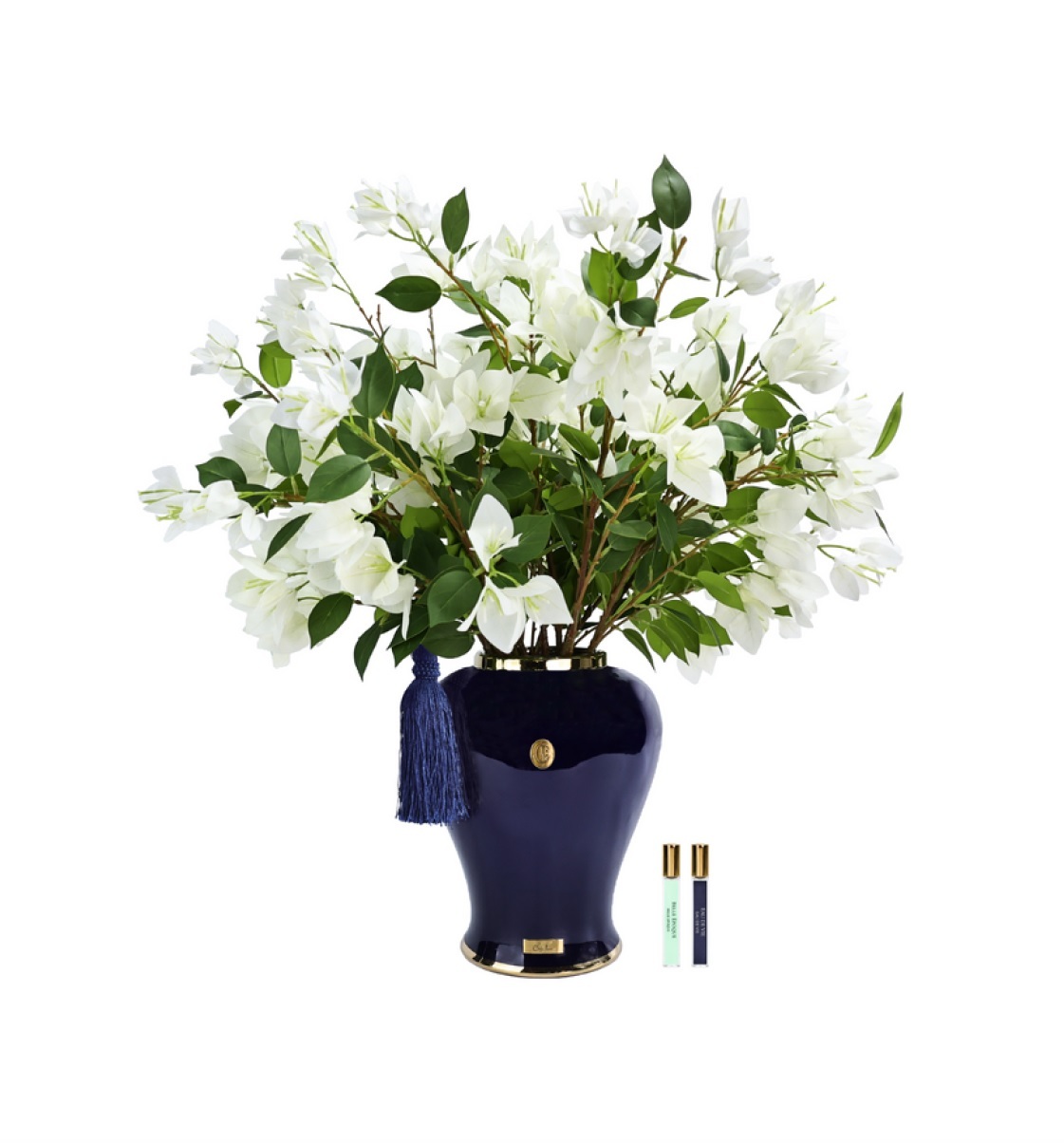 Букет буганвилла Cote Noire Imperial bougainvillea Ivory white/Indigo, белый, ваза синяя, 2 спрея п вид 1