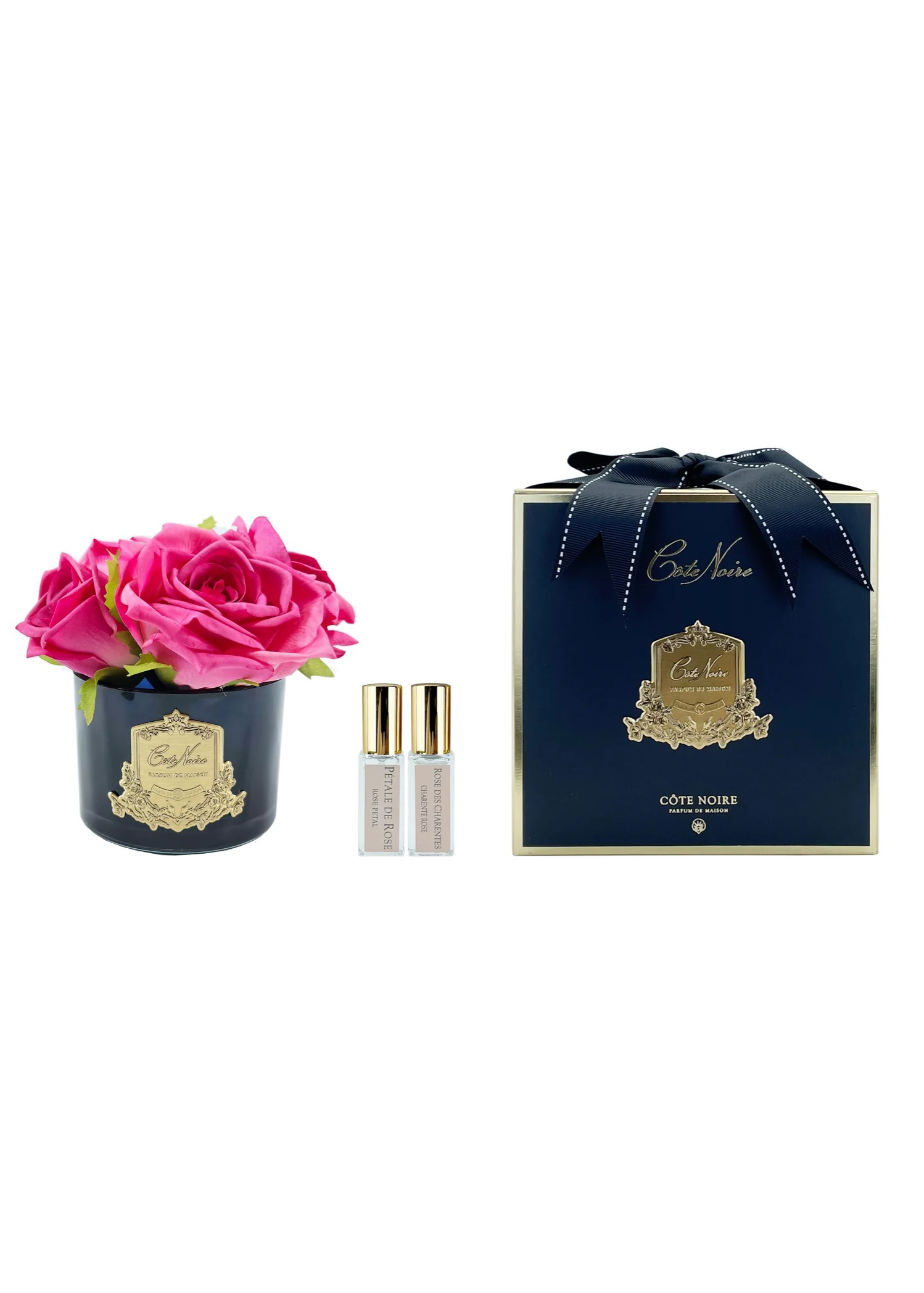 Букет FIVE ROSE magentaиз 5 роз , цвет ярко-розовый, черная ваза, золото, 2 спрея по 5 мл