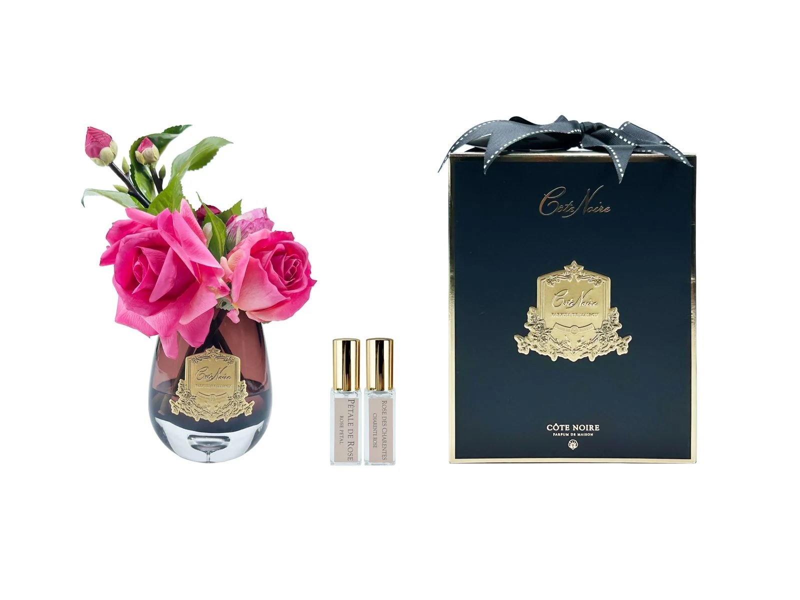 TEA ROSE MAGENTAБукет роза с гортензией, цвет ярко-розовый, черная ваза, золотой декор, 2 спрея 5 вид 1