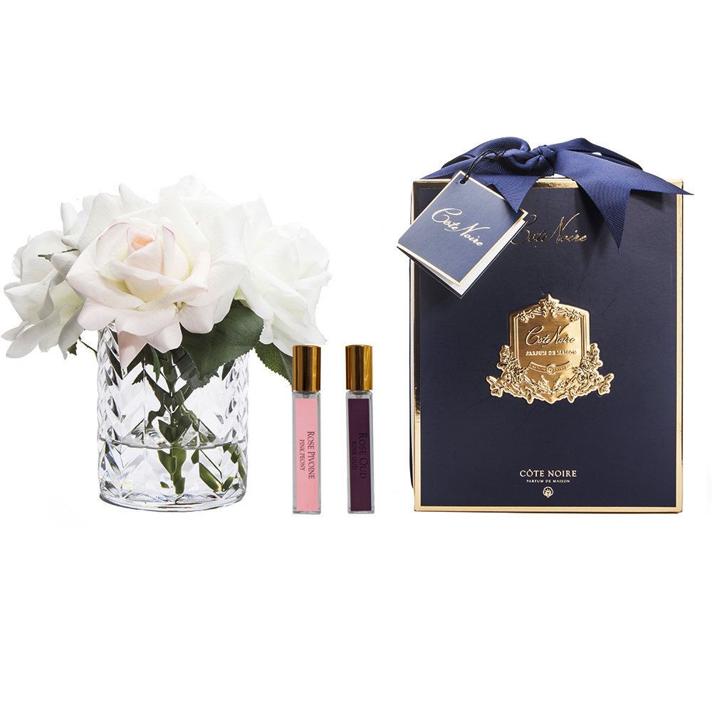 HERRINGBONE CLEAR Blush and White Букет роз, белый и светло-розовый, ваза стекло рельеф "ёлочка", вид 2