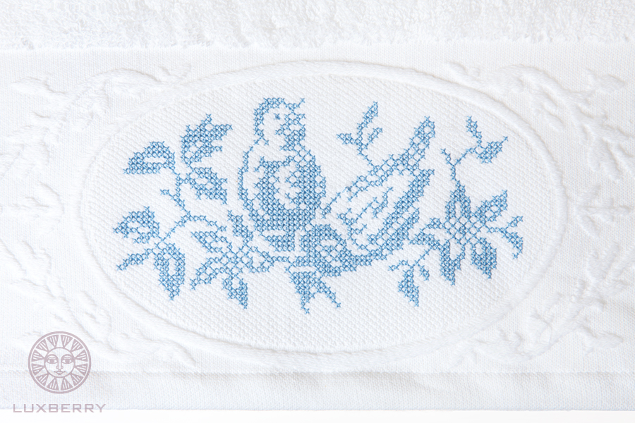 Полотенце ПТИЧКИ махра,белый/голубой вид 2
