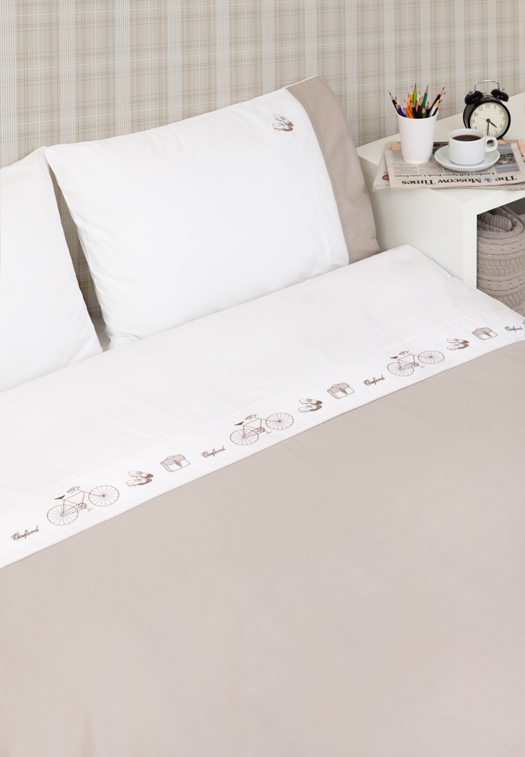 Комплект  постельного белья OXFORD, перкаль, белый/серо-бежевый вид 2